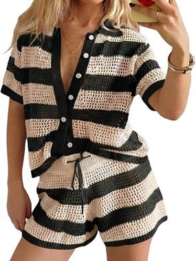 Striped Black & Cream Knit Swim Coverup Set